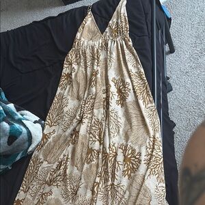 Beige and Brown Coral Print Maxi Dress